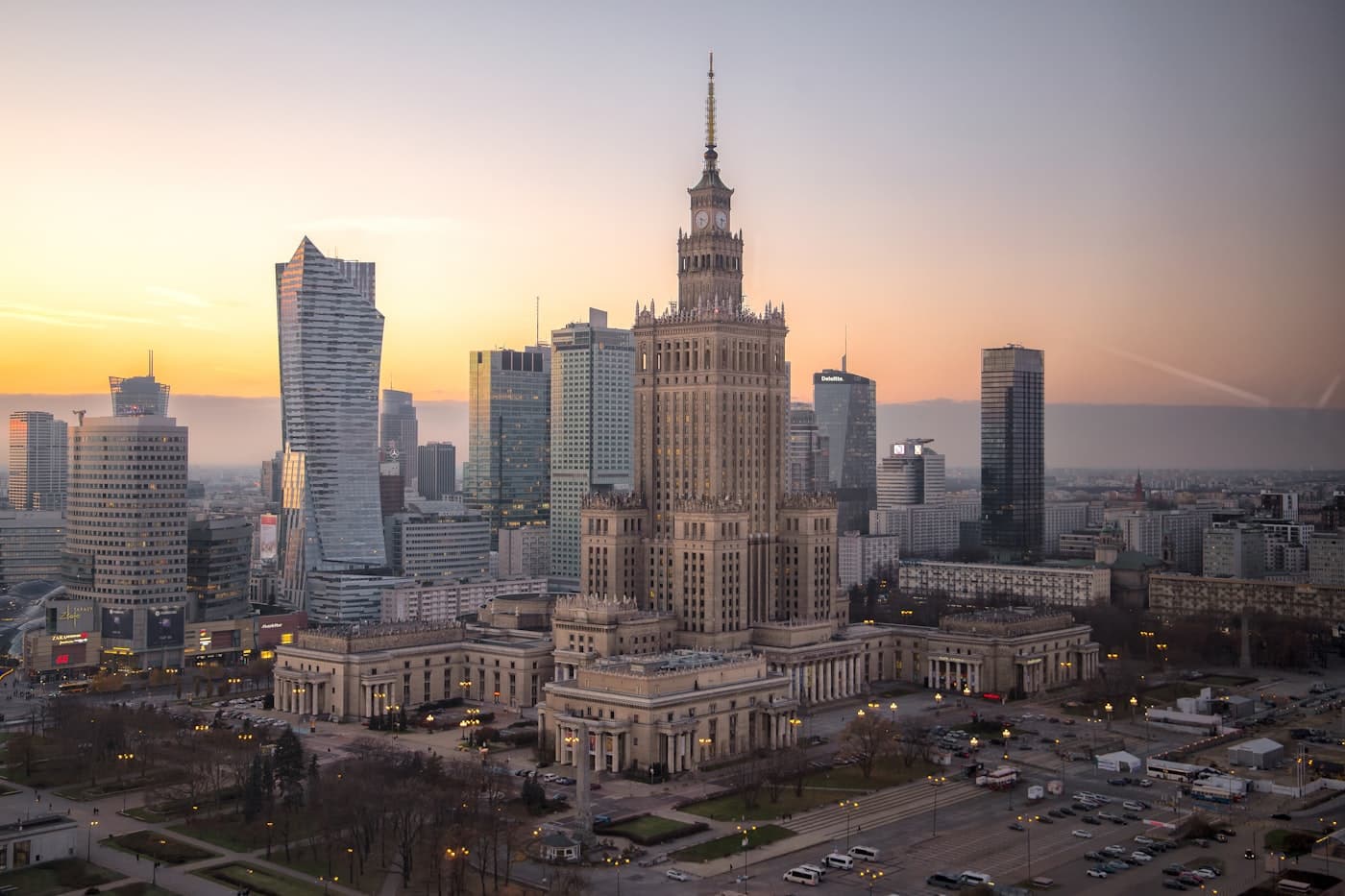 Warsaw skyline at sunset — luxury chauffeur service area